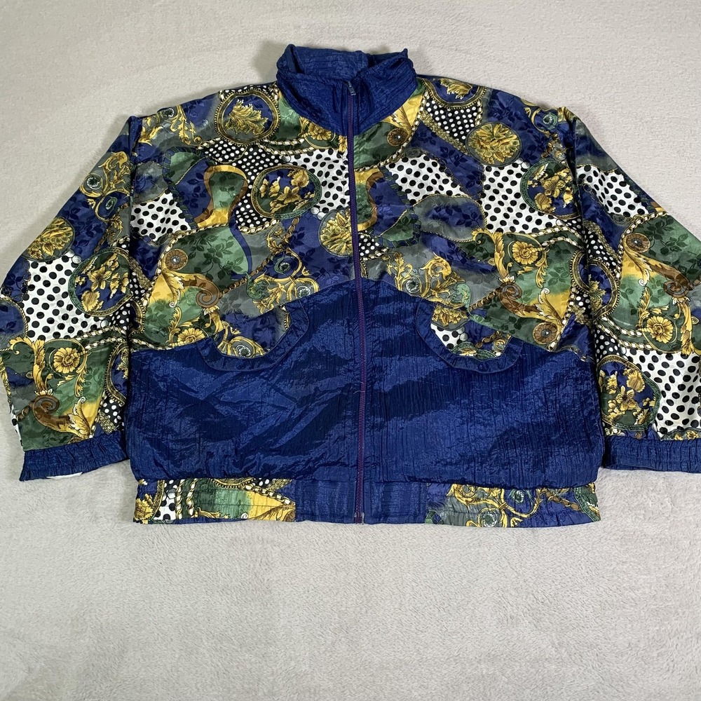 Vintage Argee Sports Jacket Mens Medium Blue Baroque Polka Dot Windbreaker 90s